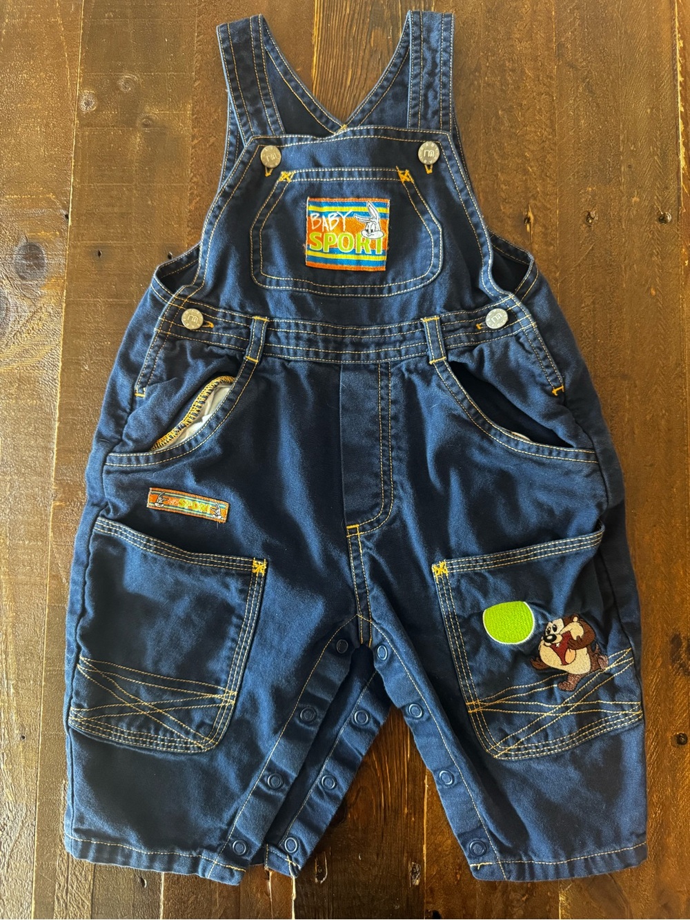 90s Vintage Looney Tunes Baby Sport Dark Blue Denim Overalls - Size 6-12